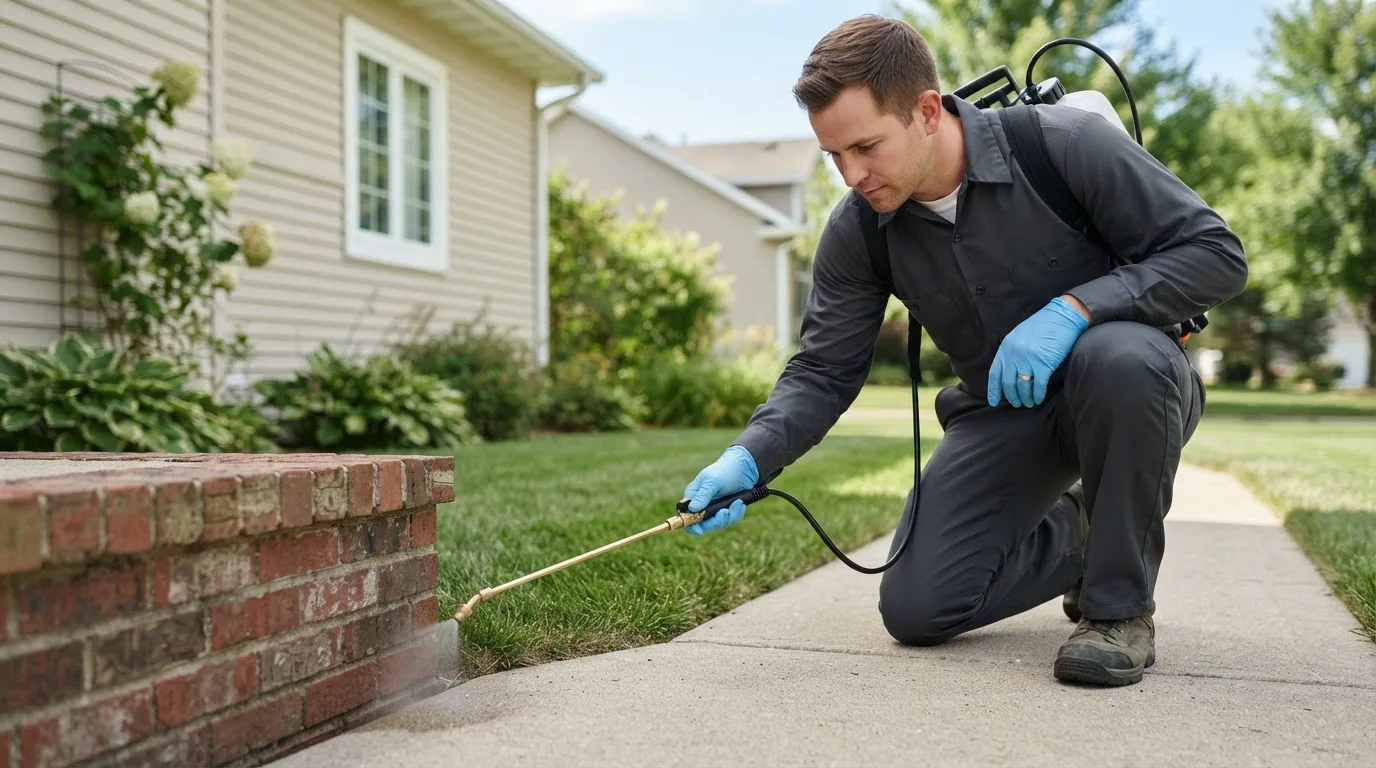 Pest control technician treating a home near Hope, ME